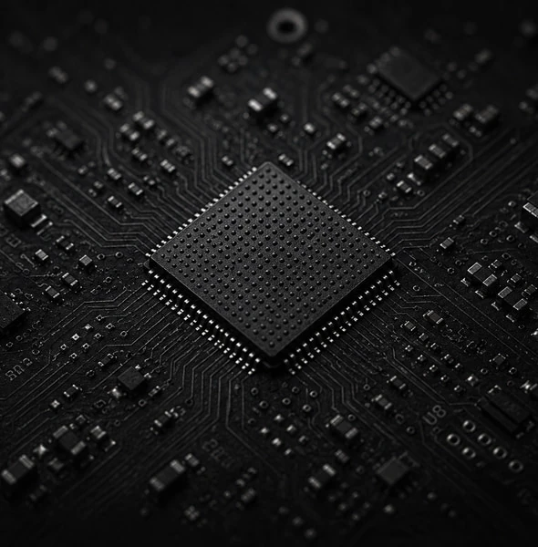 The security chip seen from above, a dark square package at the centre of the board