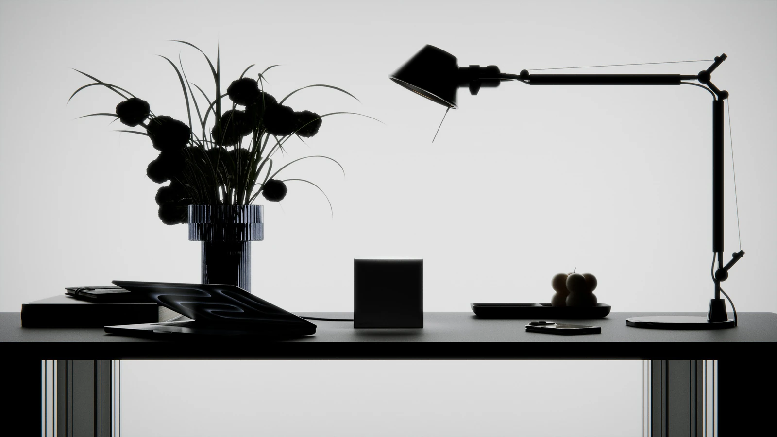 AgentPod on a desk between a lamp and a vase of flowers, in silhouette